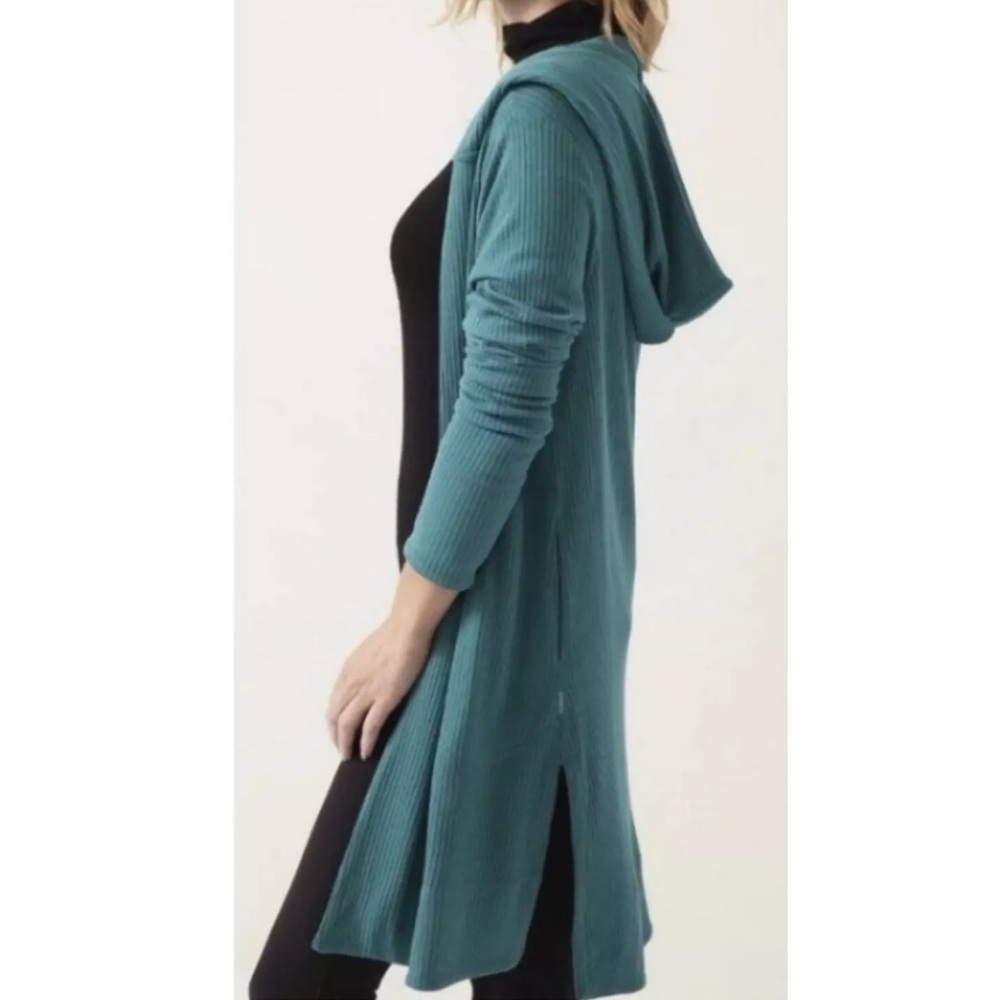 Athleta Harmony Pose Wrap Cardigan Medium Hooded Ribbed Green Teal Athleisure